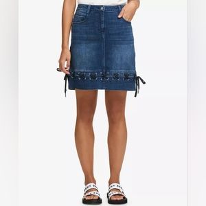 EUC DKNY Womens Denim Lace Up Jean Stretch Pencil Dark Wash Blue Skirt Size 29